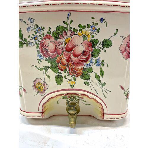 Vintage French floral ceramic lavabo with handled lid and basin. Handpainted floral design accents. Brass nozzle. Three...