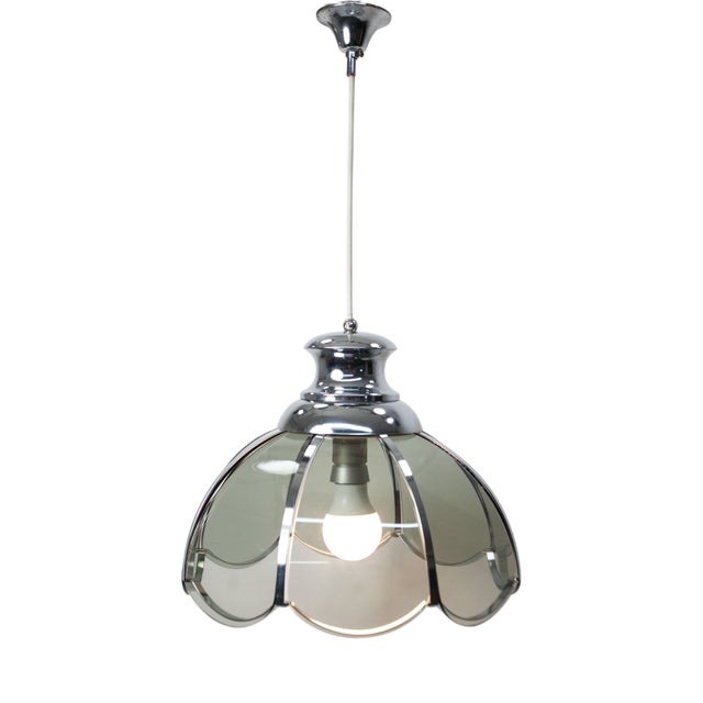 Floral Pendant Lamp in Chromed Metal and Grayed Glass, 1970 For Sale