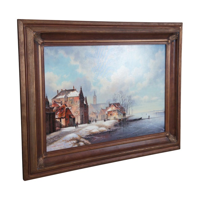 Traditional Mid 20th Century Vintage David Ronald Dutch Winter Cityscape Oil on Canvas Painting, Framed For Sale - Image 3 of 12