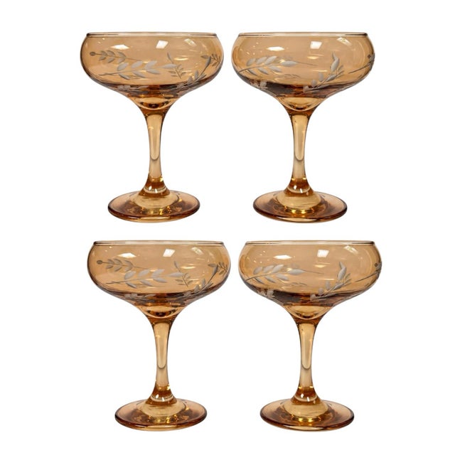 Amber Smoked Etched Champagne Coupe Glasses - Set of 4 For Sale In Chicago - Image 6 of 7