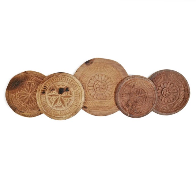 Old Indian Chapati hand carved round wood stamp. Each is unique. Sizes range from 8"-12" diameter.