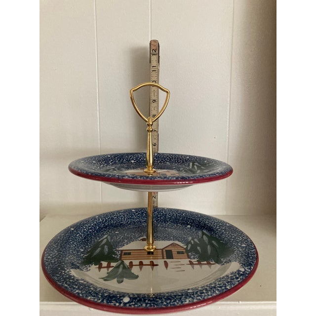 Cook’s Bazaar Gourmet Collection 2-Tiered Serving Tray “Holly Mountain Lodge” Pattern with cobalt blue sponge where...