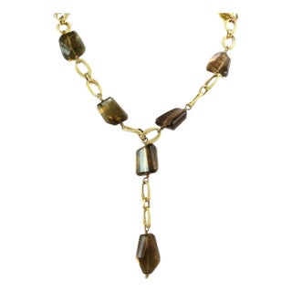 Mid 20th Century Smoky Quartz Fancy Oval Link 14k Yellow Gold Lariat Necklace For Sale