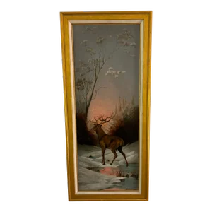 Vintage Oil on Canvas in the Style of Rosa Bonheur- Stag in Snowy Landscape