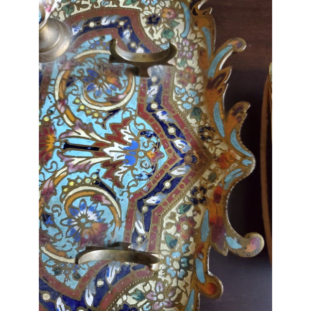 French Enameled Champlevé Gilt Bronze Inkwell Stand Desk Set - Set of 3 For Sale In Dallas - Image 6 of 12