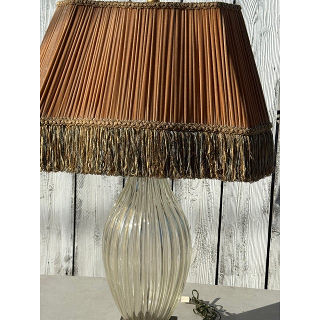Transparent 1940s Monumental Murano Glass Lamp With Custom Silk Velvet Fringe Trim Shade For Sale - Image 8 of 17