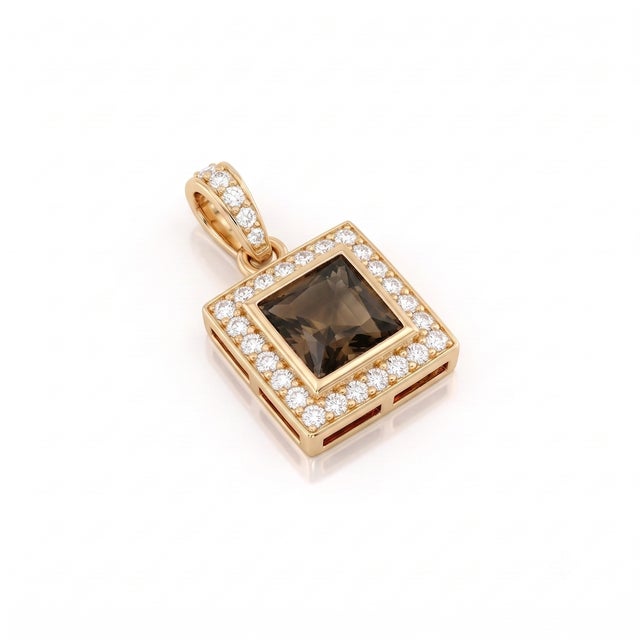 This striking pendant features a warm, earthy square-cut smoky quartz at its center, admired for its rich brown tones and...