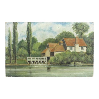 Vintage Oil Painting of a Landscape With a Cottage by the Water Unframed Small Europe For Sale