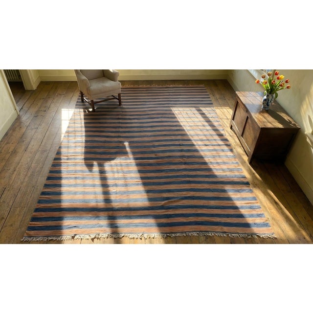 1920s Apricot Blue Stripe Antique Indian Cotton Dhurrie Carpet 9'7" X 15'3" Flatweave Wool Rug For Sale - Image 15 of 15