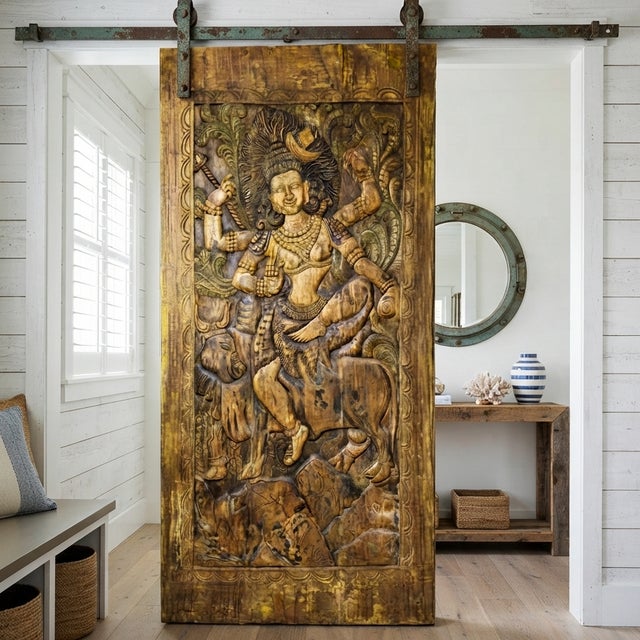 Vintage Hand-Carved Indian Deity Panel | Shiva & Goddess Wood Wall Art / Door Panel 84x41 For Sale - Image 11 of 11