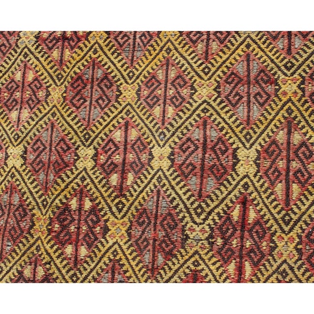 Red Mid 20th Century Mid 20th Century Vintage Turkish Embroidered Kilim Rug With Diamond Design in Yellow and Red For Sale - Image 8 of 13
