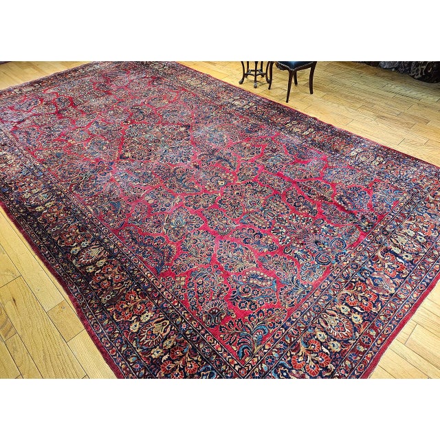 Persian Antique Oversized Persian Sarouk Area Rug, Hand-Knotted Wool, Allover Floral Pattern, 10x18, Red & Navy For Sale - Image 3 of 18