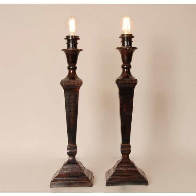 Beige Vintage French Traditional Neoclassical Tablelamps Cast Iron Bronze With Beige Linen Shade - A Pair For Sale - Image 8 of 9