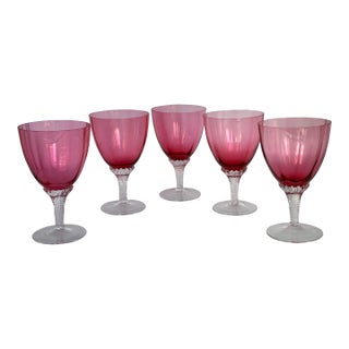 Mid-Century George Borgfeldt Lisa Pattern Cranberry Optic Water Goblets - Set of 5 For Sale