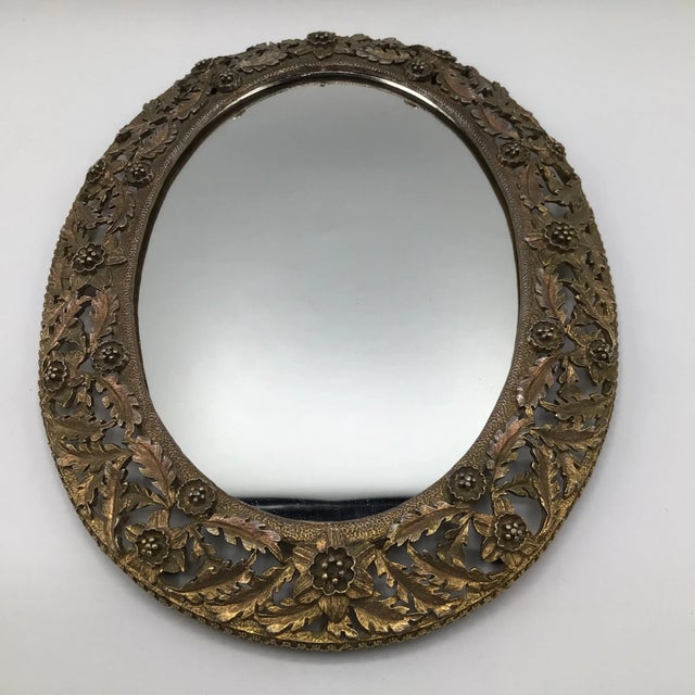 French Art Nouveau Gold Gilt Brass Oval Dresser/Vanity Mirror With Floral Design For Sale In Sacramento - Image 6 of 12