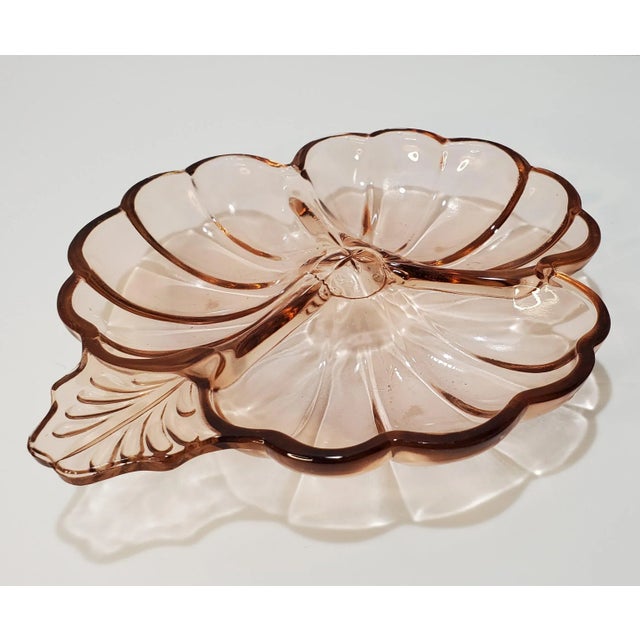 1930s Jeanette Doric Pink 3 Part Clover Candy Dish For Sale - Image 4 of 7