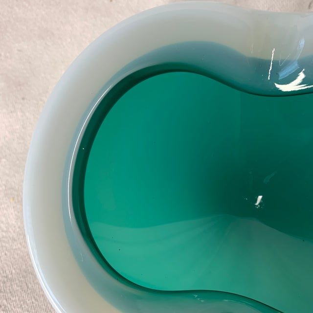 1950s Vintage Murano Teal Cased in White Opaline Art Glass Bowl Attributed to Seguso For Sale - Image 5 of 6