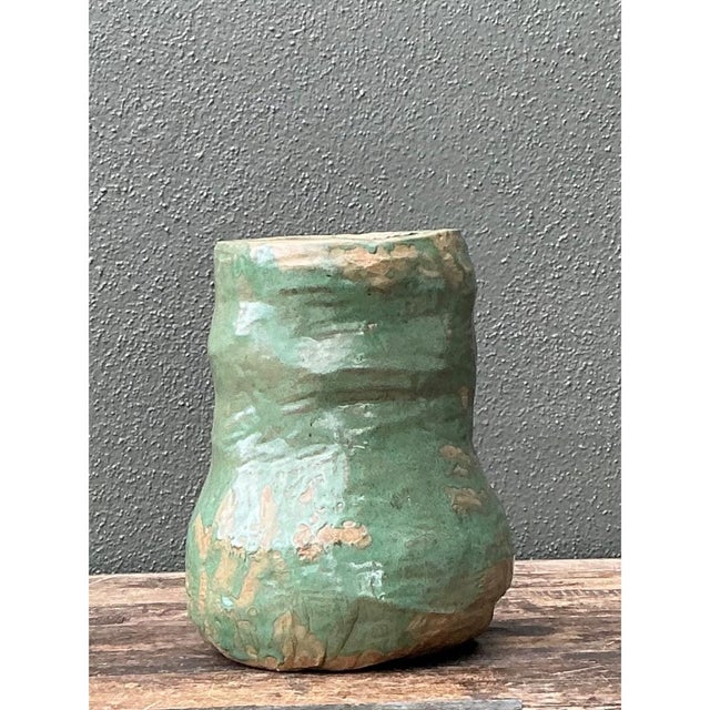 Vintage Green Glazed Ceramic Vase For Sale - Image 9 of 12