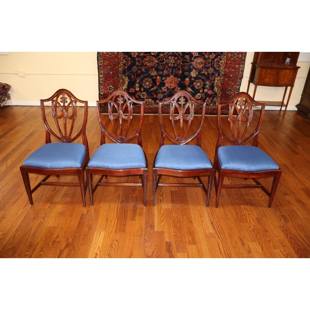 1990s Set of 8 Regency Style Solid Mahogany Fleur-De-Lis Blue Fabric Dining Chairs For Sale - Image 11 of 18