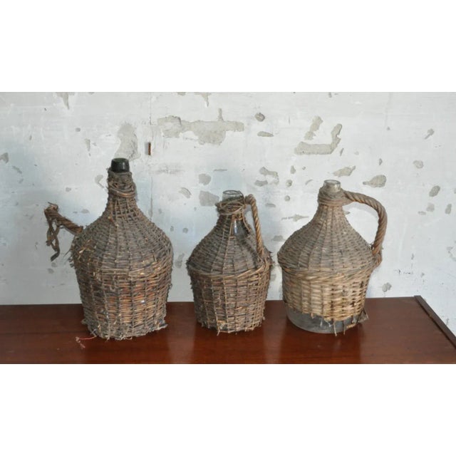 1940s Vintage Wicker Wine Bottles, Set of 3 For Sale - Image 5 of 5