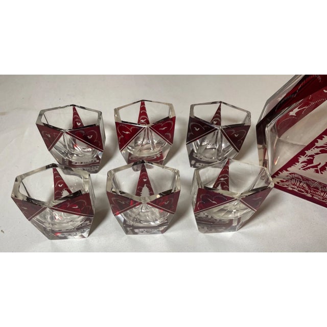 Antique Cut to Clear Crystal Moser Czech Bohemian Red Deco Glass Decanter Set For Sale - Image 9 of 12