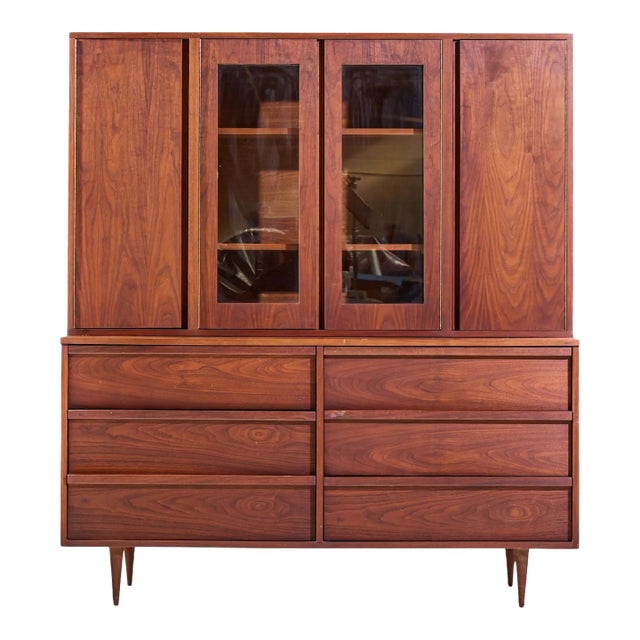 Jack Cartwright for Founders Style Mid Century Walnut Credenza With Hutch For Sale