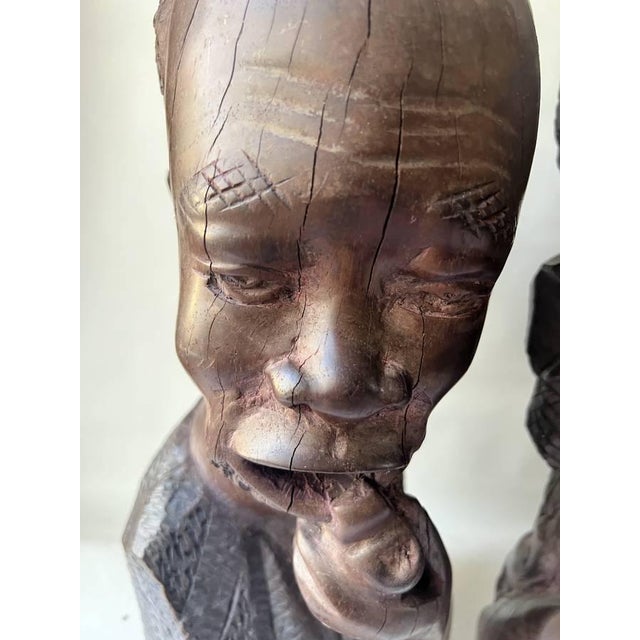 Pair of Vintage Traditional African Ebony Wood Man & Woman Carving Busters For Sale - Image 17 of 17
