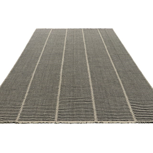 2010s Rug & Kilim’s Contemporary Kilim With Textural Cream and Black Stripes For Sale - Image 5 of 7