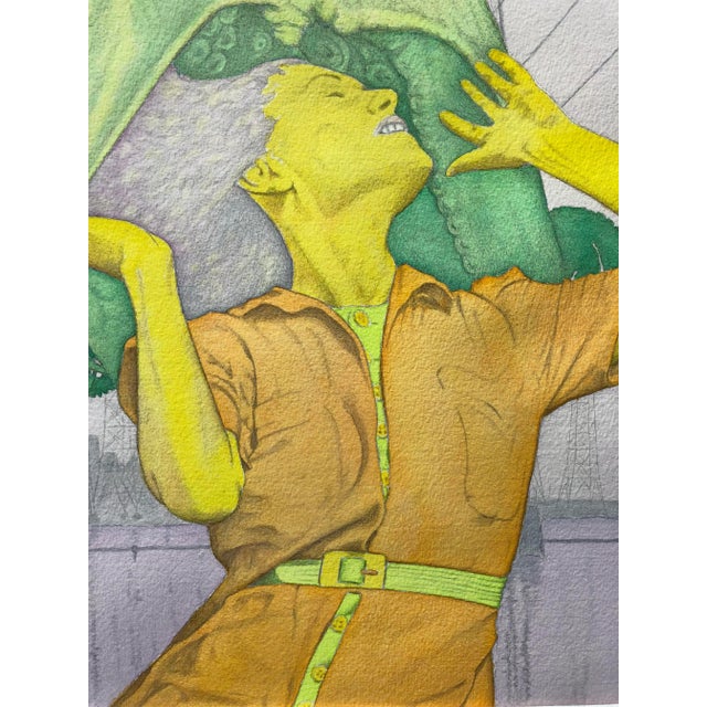 Paint Vintage Surrealist Watercolor Painting of a Woman and Octopus 1973 For Sale - Image 7 of 11