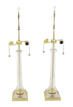Mid-Century Modern Glass & Brass Tower Table Lamps W/ Crystal Finials - a Pair