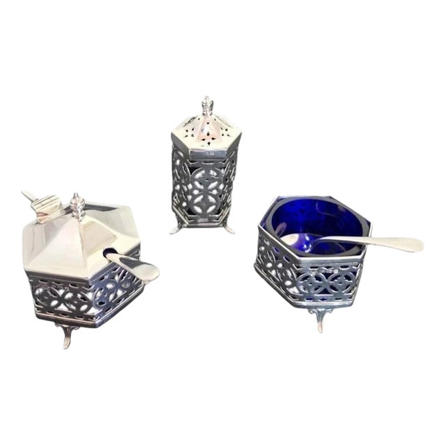 Antique Sterling Silver Cruet Set, Birmingham, 1926, Set of 3 For Sale