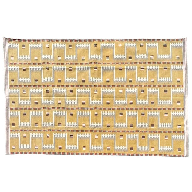 Handwoven Cotton Area Rug Natural Vegetable Dyed Mustard Beige Cream & Red Marianne Geometric Dhurrie - 6'x9' For Sale - Image 11 of 11