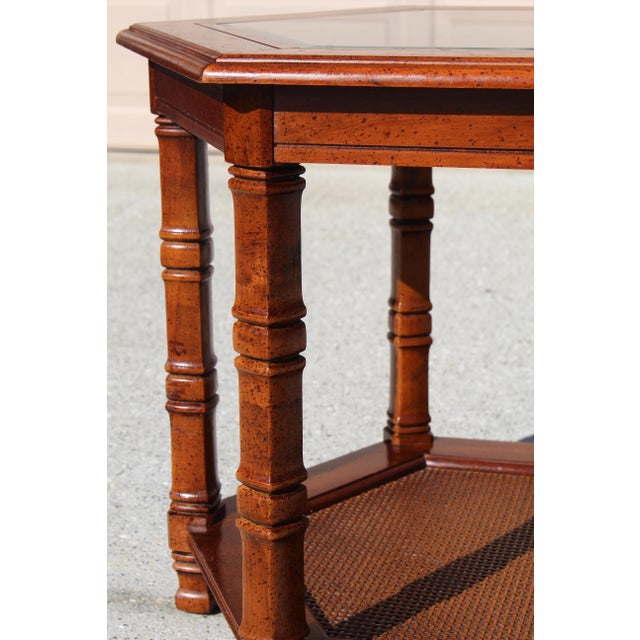 Mid-Century Modern Hexagonal Walnut Side Table With Glass Top & Cane Shelf – Vintage 1960s Accent Table Usa Made For Sale In Naples, FL - Image 6 of 12