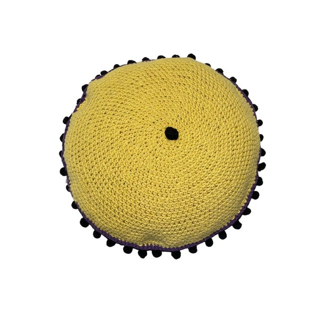 Elegant and decorative hand made crochet round pillow with yellow and purple cotton thread ,with black tassels 18" D by 7"...