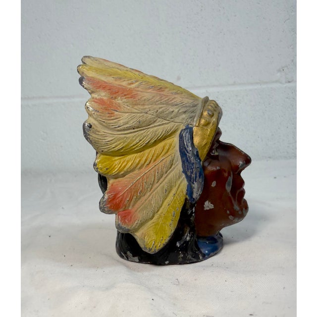 Metal Rare Antique Native American Indian Chief Montreal White Metal Still Coin Bank For Sale - Image 7 of 12