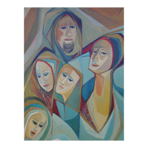 1960s Nativity Scene Mid-Century Modern Oil Painting