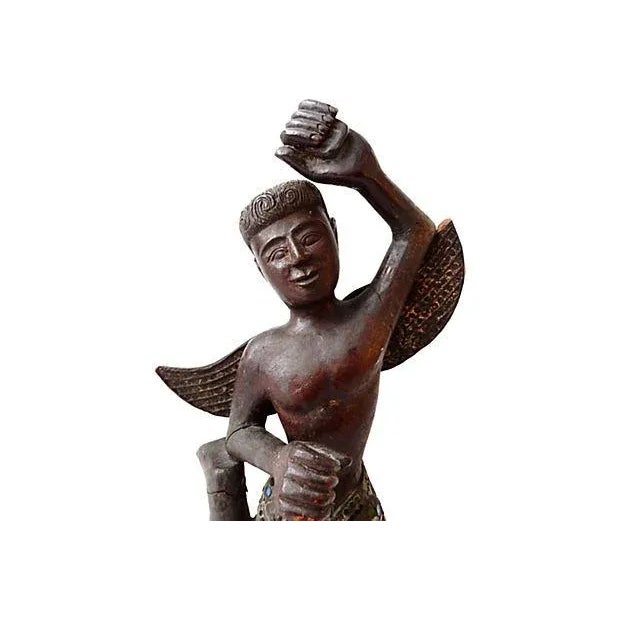 19th century Antique hand Carved Wood Thai Figure of an angel , solid wood, winged Thai figure decorated with mirrored...