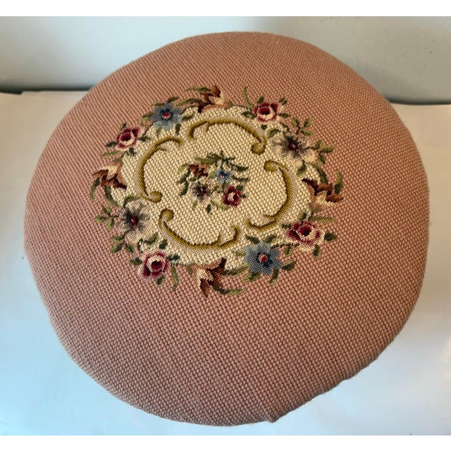 Pink Vintage French Provincial Pink Needlepoint Footstool For Sale - Image 8 of 11