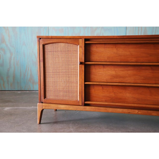 Mid-Century Modern 1960s Lane Rhythm Walnut and Cane Dresser Cabinet Credenza Mid Century Modern 66" For Sale - Image 3 of 14