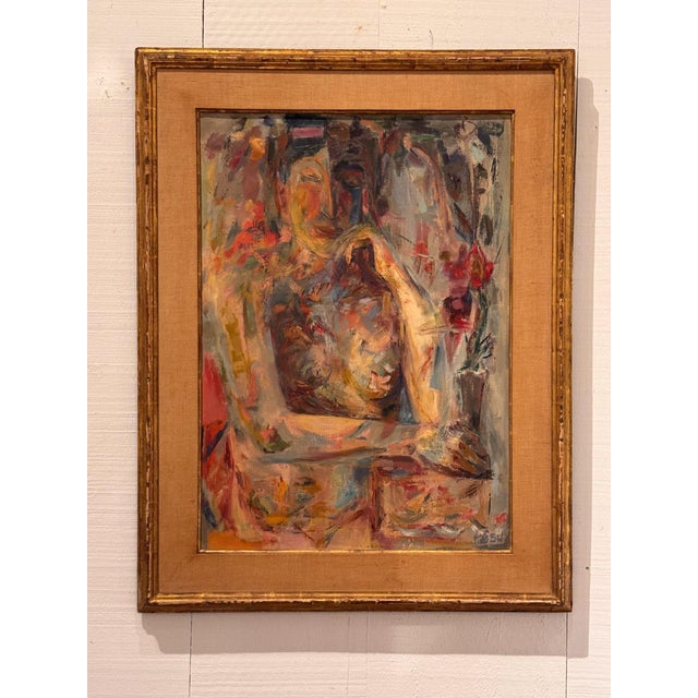 Expressive portrait of a woman painted in 1954, built up in loose, layered strokes of warm reds, pinks and ochres, signed...