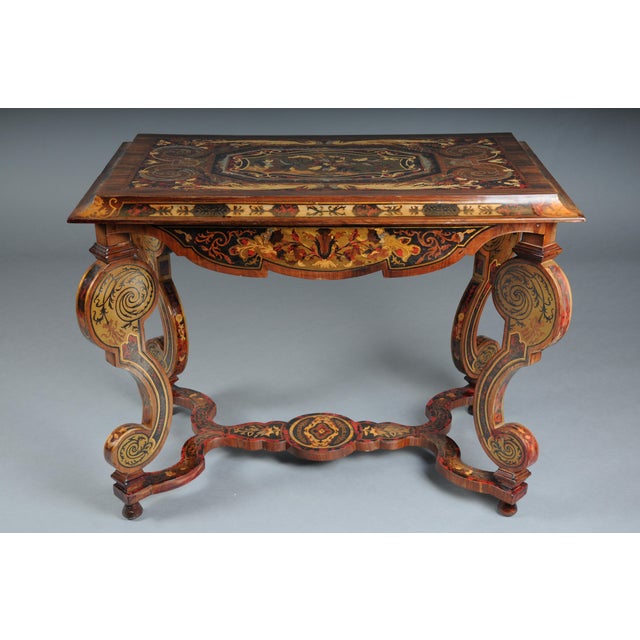 Decorative Italian Marquetry Salon Table, 20th Century This is an Italian console table with marquetry inlays....