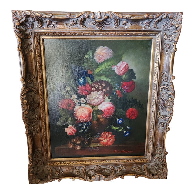 Vintage Floral Painting in Gold Frame For Sale