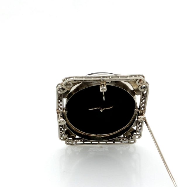 Mid 20th Century 14k White Gold Vintage Cameo Pin Pendant Diamond Onyx Floral Filigree For Sale In Miami - Image 6 of 9