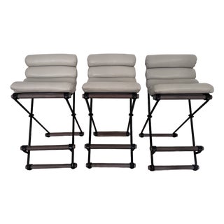 Attributed Thomas Hayes Studio Iron and Rolled Leather Counter Stools - Set of 3 For Sale
