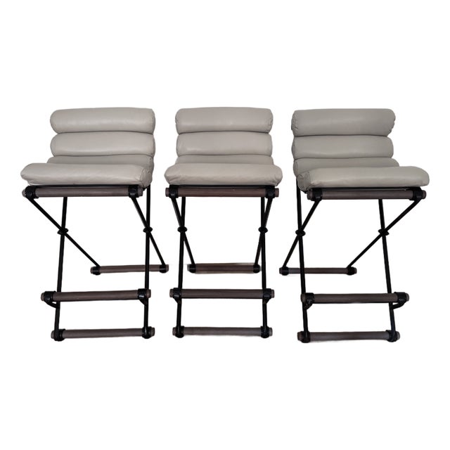 Attributed Thomas Hayes Studio Iron and Rolled Leather Counter Stools - Set of 3 For Sale