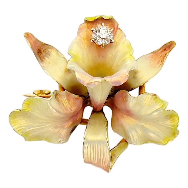 Antique Whiteside & Balnk 14k Iridescent Enamel Orchid Brooch For Sale