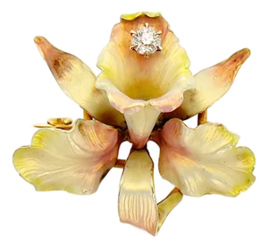 Antique Whiteside & Balnk 14k Iridescent Enamel Orchid Brooch