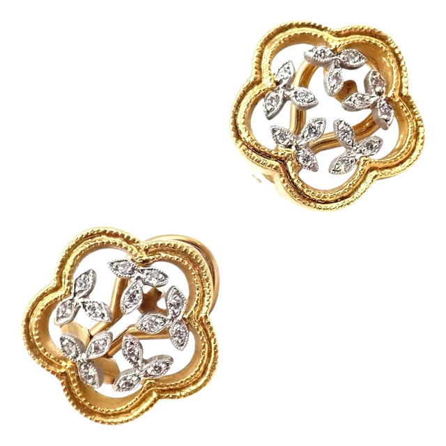 Cathy Waterman Yellow Gold Platinum Diamond Vine Flower Earrings, A Pair For Sale