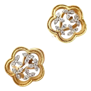 Cathy Waterman Yellow Gold Platinum Diamond Vine Flower Earrings, A Pair