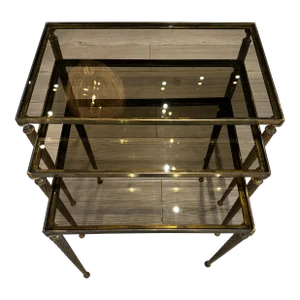 Mid-Century French Brass Nesting Tables With Original Smoke Glass